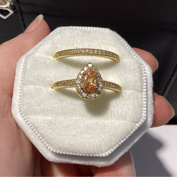 💋Beautiful 10k Gold Vermeil Pear Cut WaterDrop Morganite Cz Diamond Halo  Set - Picture 15 of 16